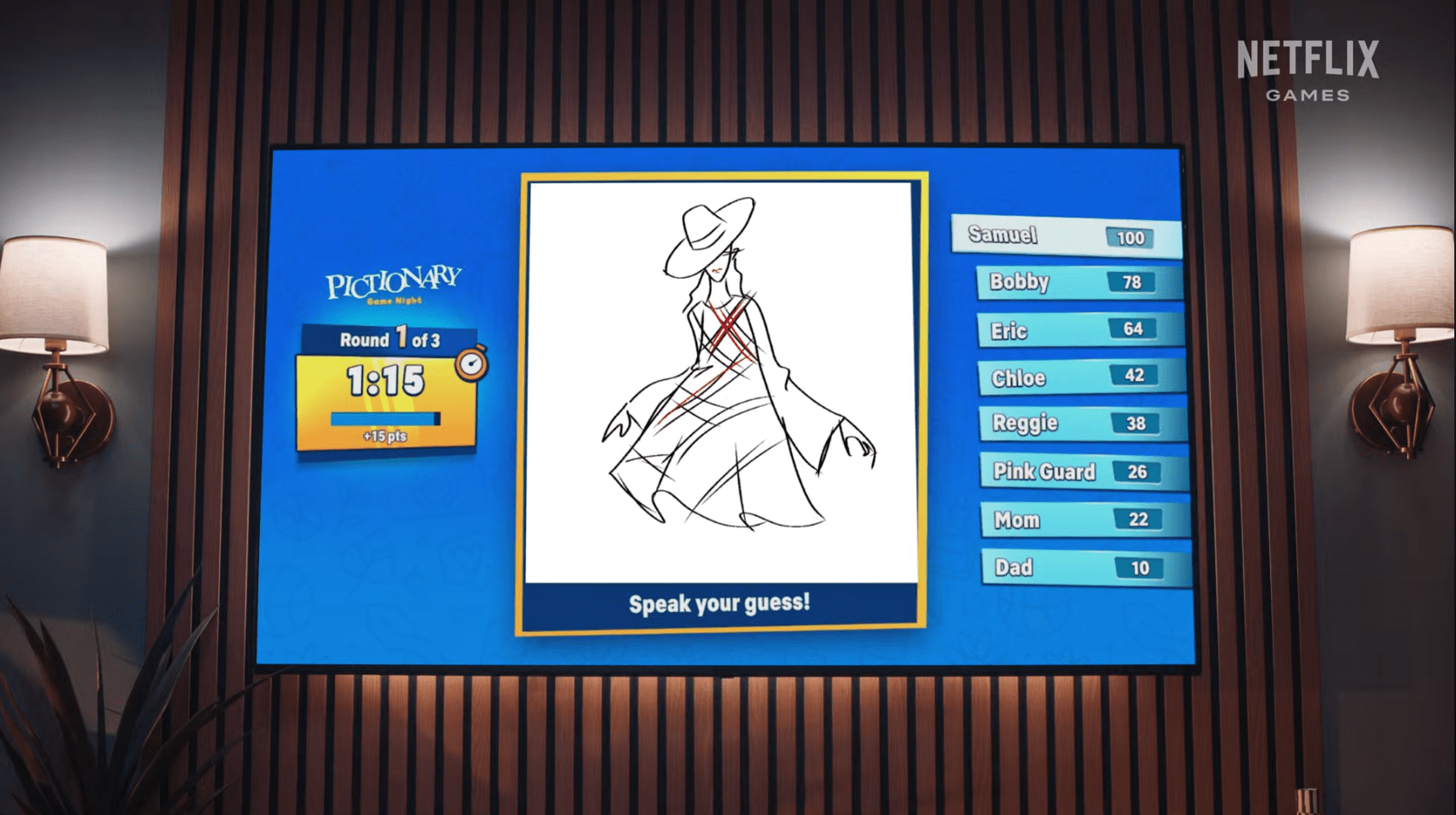 Image of Netflix’s new Pictionary game featuring a drawing of a stylish woman wearing a hat.